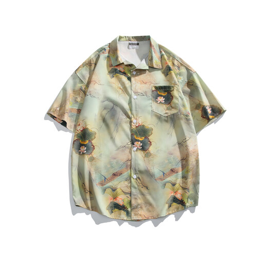 Nebel Sky Hawaiian Style Kurzärärmelblumen-Hemd Herren Sommerpaar Reisen losen Freizeittops Strandjacke Männer und Frauen HK-6622 Meizhou Island Green M (Empfohlen 110-130jin [Jin gleich 0,5 kg])