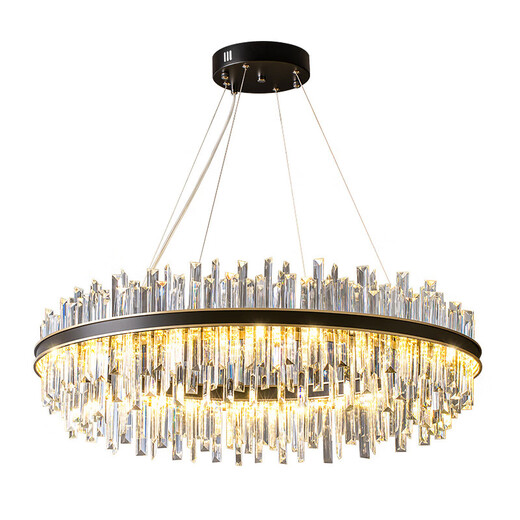 Prism light luxury crystal lamp postmodern atmospheric living room chandelier black iron circle dining room lamp hanging line model 9732-800*370X