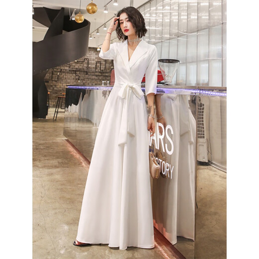 Shiting Xiuyin white small evening dress for women in autumn and winter banquet, elegant hostess, long style for engagement, you can usually wear long white style (the size is one size smaller, you need to take a larger size) L