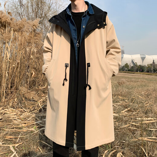 Lovren thickened cotton autumn and winter contrasting color hooded windbreaker men's medium-length large size loose casual knee-high parka coat black cotton 3XL (suitable for 175-210Jin Jin equals 0.5 kg)