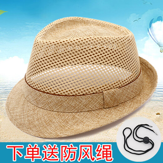 Hundred hat king Hundred hat king high-end summer hollow mesh top hat men gentleman linen sun hat straw hat middle-aged and elderly sun hat senile blue (export high-end fixed style) adjustable 56-57cm