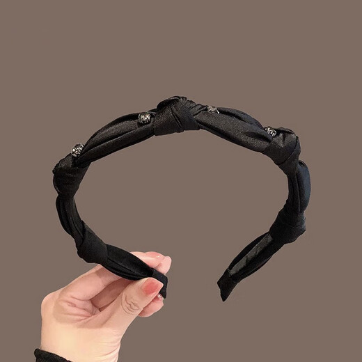 Idel's high-end silk rhinestone knotted headband, retro French style headband, versatile hairpin for women when going out, 2025 new rhinestone headband, black F2143