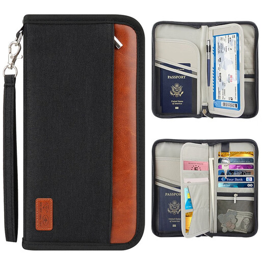 Sky Forest Passport Bag Travel Document Storage Ticket Clip RFID Card Bag Multi-function Zipper Passport Clip Black