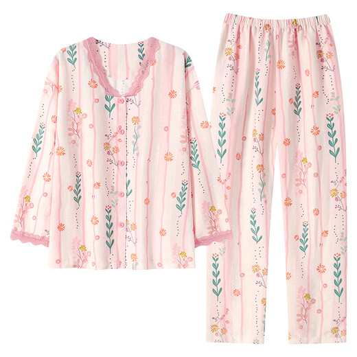 
Langsha pajamas for women long sleeves for spring and autumn Xinjiang pure cotton casual large size sweet and can wear outside home clothing suit MR-14701-YSH M