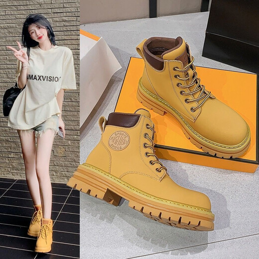 Planaling Martin Boots Chaussures pour femmes en cuir grosses bottes jaunes épaisses Sole Toe rond Talon épais Top haut à lacets Casual Versatile Fashion Classic Style Geuthe Super Cuir gros Bottes jaunes 6 trous 36