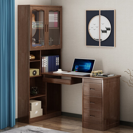 Yuanlin beam material Chinese style all solid wood desk bookshelf combination home writing desk bedroom solid wood one-piece corner computer desktop table 1.4 meters walnut color