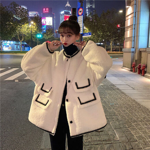 Yuanle Shen Herbst und Winter Neues kleines Duftstil-Design Nachahmungslamm Lammfell lose mittelgroße Internet-Promi-Langarmjacke für Frauen modisch 695# Taschenlammfell weiß hochwertiger Version L 106-120jin [Jin gleich 0,5 kg] [authentische Qualität]