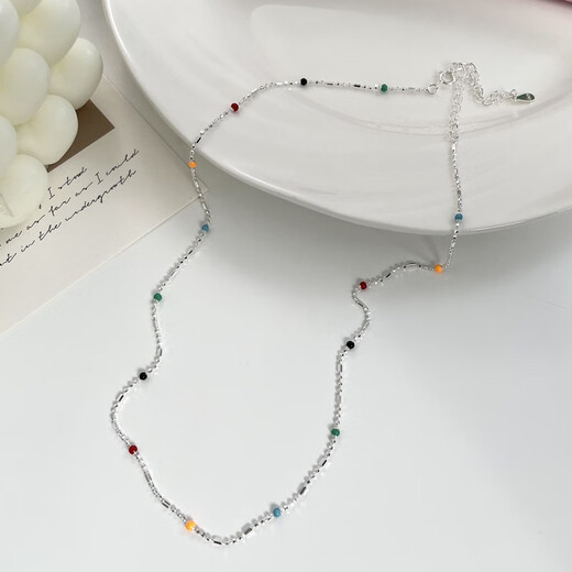 Lnieer silver broken several taels of silver necklace women's clavicle chain stacked high-end S925 silver iu same style rainbow bean bead necklace colored beads broken silver necklace looks great when worn alone or stacked