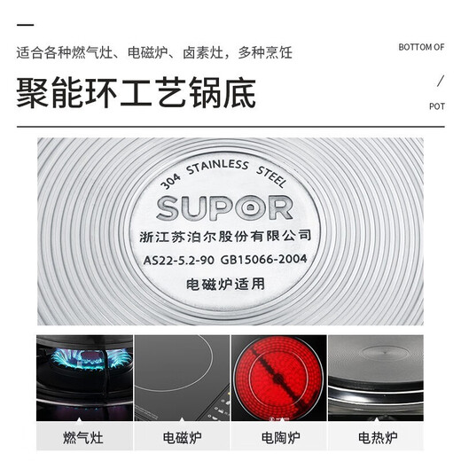SUPOR pressure cooker 304 stainless steel blue eye pressure cooker thickened safe household large capacity gas induction cooker universal YW22S1 diameter 22cm 5.2L