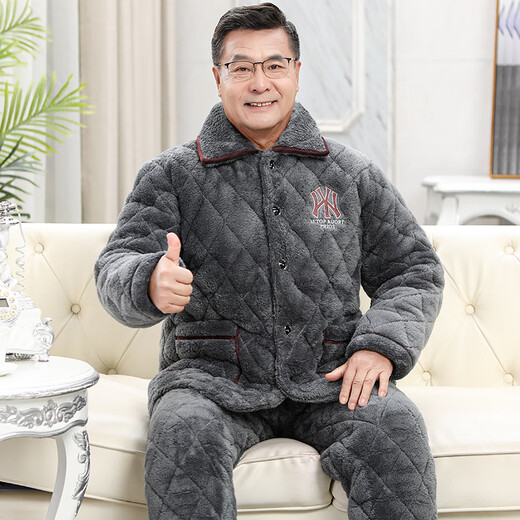 凯旋世家男士睡衣冬季加厚加绒珊瑚绒三层夹棉中老年爸爸家居服套装秋冬款 C9921#黑灰色男【长毛绒】 XXL(145-165斤)三层加厚