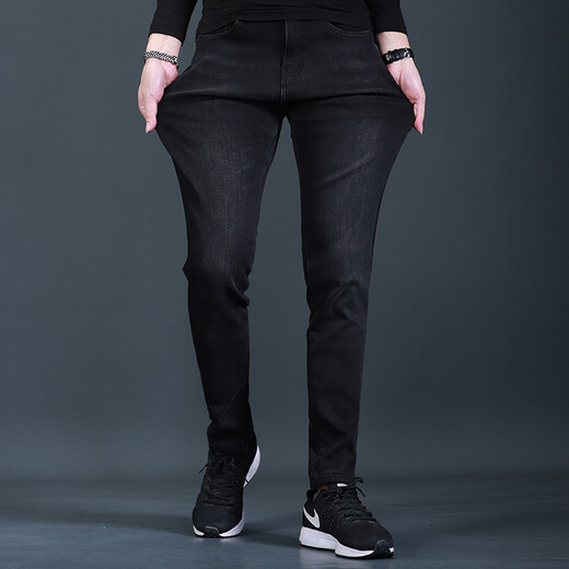 
Fan Litai black jeans men's slim feet pants autumn and winter plus velvet thickened Korean style trendy and casual jeans long trousers QQ 1048 black regular 30