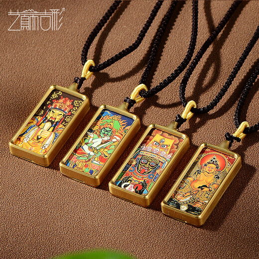 Yidian Jicai hand-painted gold <Yellow God of Wealth> thangka pendant ethnic style couple gift necklace gift Manjusri decorative pendant Style 1-Black God of Wealth 1 piece