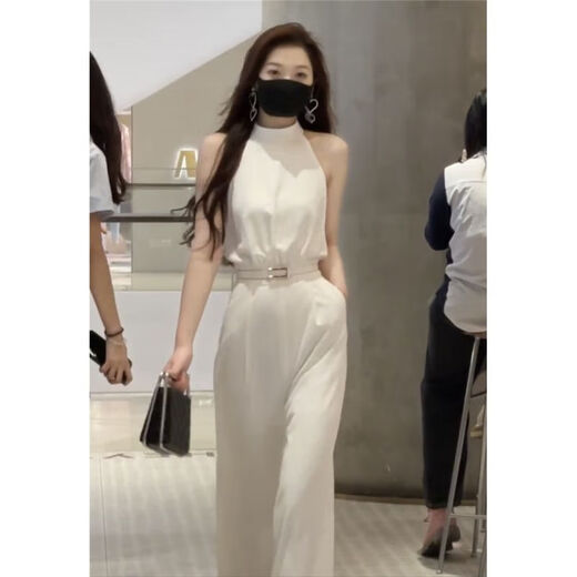 Xi Xuchen Street Internet celebrity style jumpsuit for women 2022 summer design neckband off-shoulder high-waist slimming jumpsuit trendy off-white [belt] M [recommended 95-105Jin [Jin equals 0.5 kg]]