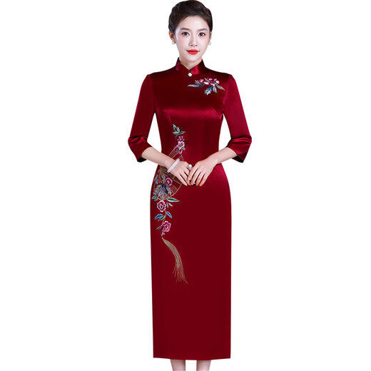 Meifuna cheongsam Chinese style autumn and winter new style high-end mother-in-law wedding banquet embroidered cheongsam wedding mother dress for women burgundy 2XL