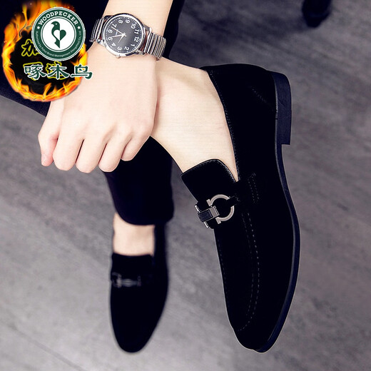 Woodpecker 2025 Nueva primavera Slip-on Lazy Beanie Shoes Zapatos de cuero casuales puntiagudos británicos para hombres Zapatos de moda de cuero nobuck M866 Terciopelo negro Estilo 40