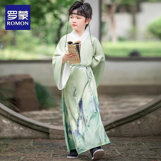 罗蒙汉服男童中国风儿童新中式古装演出服 青山绿男童汉服套装 130
