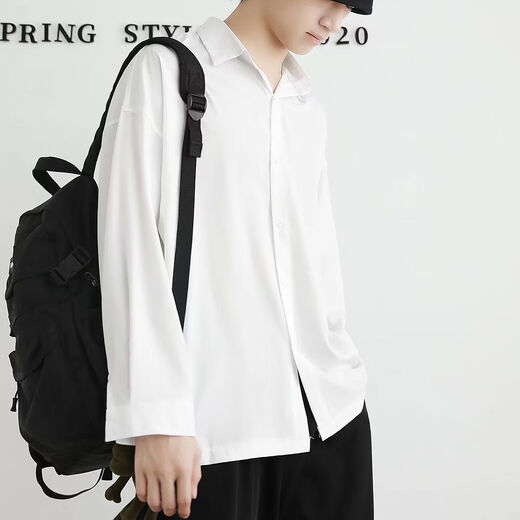 Tanghao Ice Silk Camisa negra Suit para hombres Mangas largas Desgaste sin planchar las mangas largas sueltas y casuales camisa blanca de niños blancos Camisa negra + pantalones negros + collar 2xl