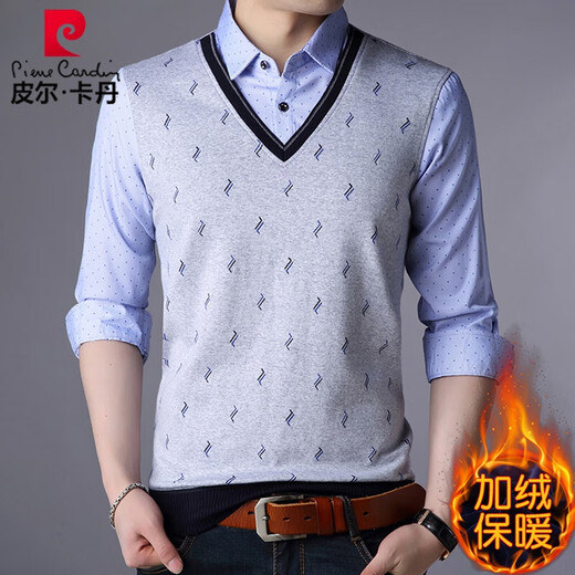 Pier Cardin Fake Dos piezas Camisa tibia 2025 Camisa de base de manga larga de otoño e invierno Integrado más camisa de terciopelo en el terciopelo 3878 Azul [primavera y estilo otoño] 170/L [recomendado 120-140Jin [Jin equivale a 0.5 kg]]