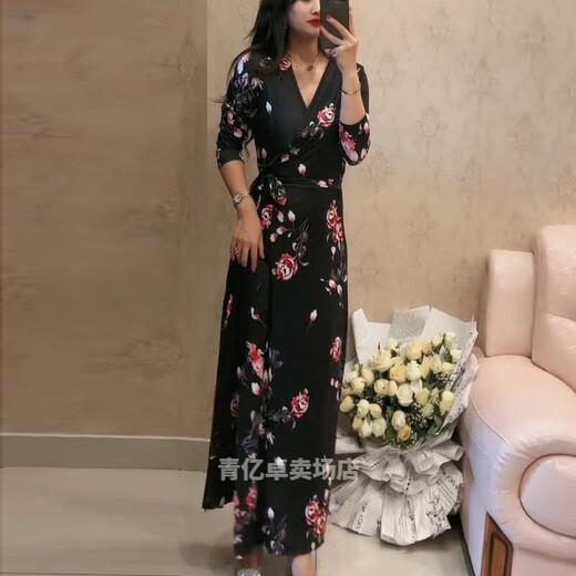 品莠气质遮肉裹身裙复古碎花显瘦2022春夏季新款黑色长款一片式连衣裙 3271 2xl