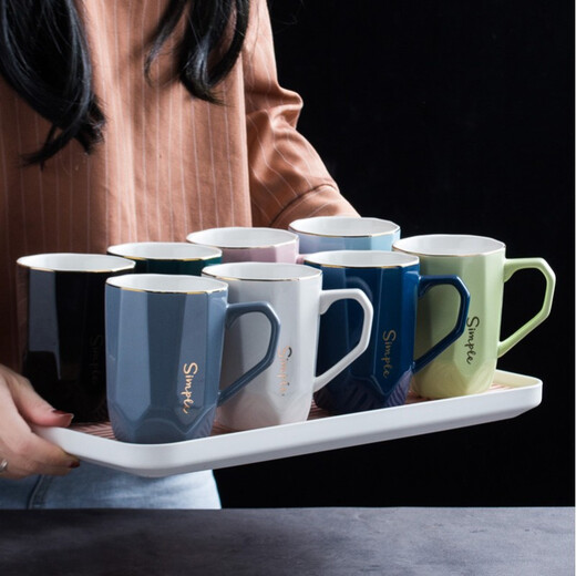 Guai ceramic mug set, simple home living room with tray, high-looking office mug, tea cup color distinction, 4 light-colored cups and plates, pink, blue, green and white