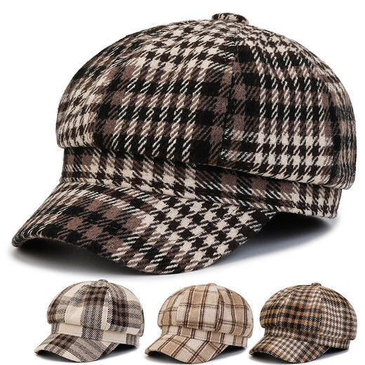Shengluoke autumn and winter hat women ins retro beret Japanese sweet hat plaid versatile fashion student octagonal hat fashion coffee plaid one size