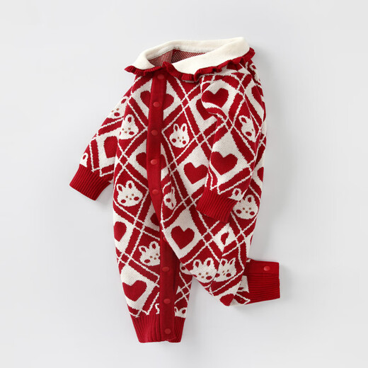 BORBOON B baby autumn and winter one-piece baby girl red festive full moon New Year greetings winter style small month old clothes red 7622 73cm