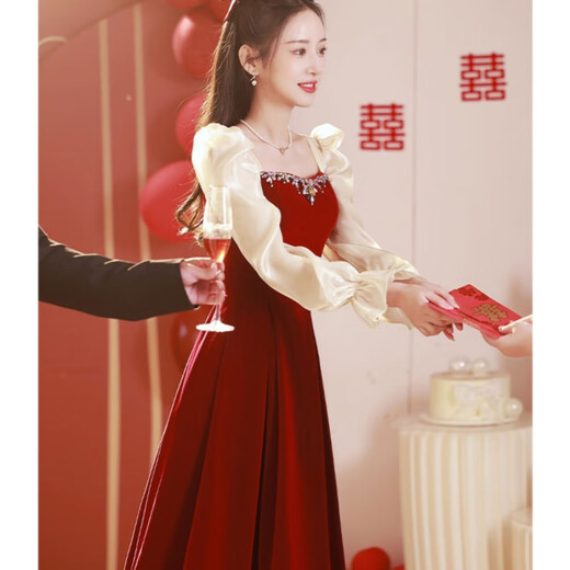 
Yuanleshen toast suit 2024 Bride burgundy summer can wear yarn sleeve engagement dress for wedding banquet dress red 675 short sleeve M