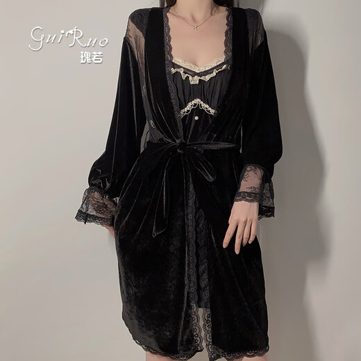 GUI RUO 2024 NUEVA LUZ PAJAMAS DE LUXURY PERSPECTIVA SWEEL MEHLE VELVET VELVET SUSPENDIENCIA CIERRA TRABA EXTERIOR DE ARRO TAMAÑO TEMPTACIÓN 3879 NEGRO (Bata externa + cinturón) Tamaño único