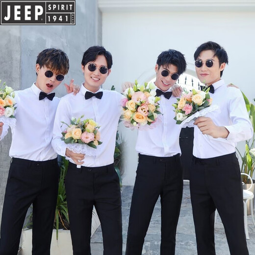 
Jeep (JEEP) best man's best suit autumn shirt men's long-sleeved white wedding wedding choir performance clothes brother group clothing black trousers + white shirt + strap + bow tie L