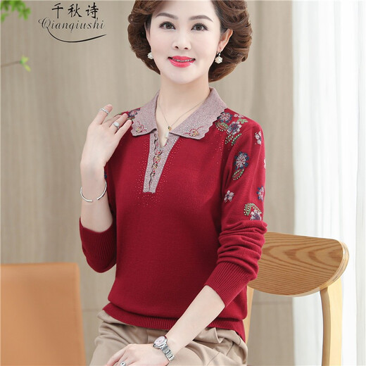 Qianqiu Poésie, d'âge moyen et de personnes âgées Nouveau automne et de chair de laine de revers d'hiver Plus Fat Plus taille de pull de base de la mère, Big Red XD829 L recommandé 100-110jin [Jin est égal à 0,5 kg]
