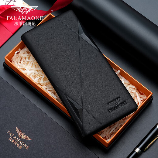FALAMAONE男士钱包男短款头层牛皮真皮钱夹商务皮包高档生日礼物老公男朋友 长款/专柜礼盒