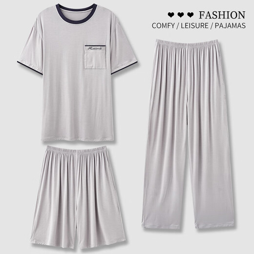 Pijamas modales de corazón de corazón Summer pantalones cortos de manga corta para hombres Juego de tres piezas para ropa casera de papá de gran tamaño de mediana edad y ancianos 1694-3# (pantalones cortos de manga corta + pantalones) XL 130-150Jin para hombres [Jin equivale a 0.5 kg]