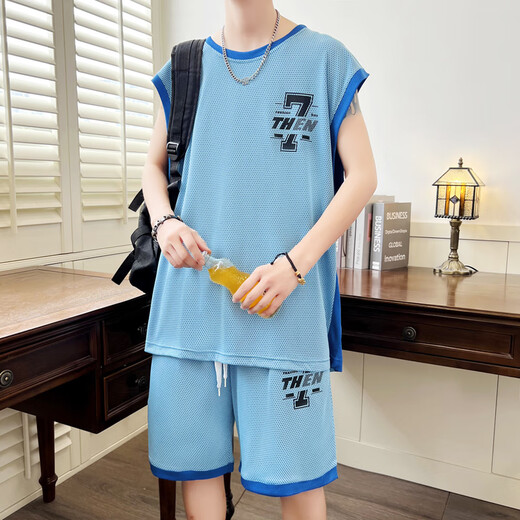 Pei Shiyans Sommer-Eis Silk-ärmellose T-Shirt Boy 12-15 Jahre alte Junior- und Senior High School-Schüler Big Children's Weste Basketball Uniform Sportanzug Trend 6636 Blue Weste + Shorts M 80-100jin [Jin gleich 0,5 kg]