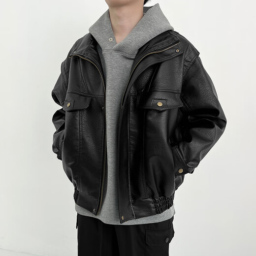 Jeep Spirit authentique veste haut de gamme Jeep pour hommes Retro Motorcycle American Cuir en cuir court-cavlet haut de gamme Pilot pour hommes 011 Veste noire XL adaptée à 145-160jin [Jin est égal à 0,5 kg]