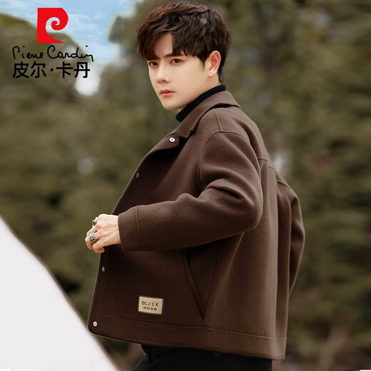 Pierre Cardin high-end solid color wool double-sided woolen coat jacket for men spring and autumn new style lapel loose casual short jacket gray green L 175