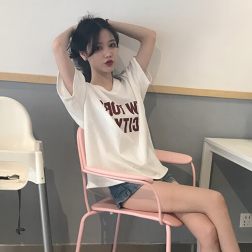 Langyue women's summer Korean style simple short-sleeved T-shirt women's V-neck letter printed top T-shirt bottoming shirt LWTD191447 white XL