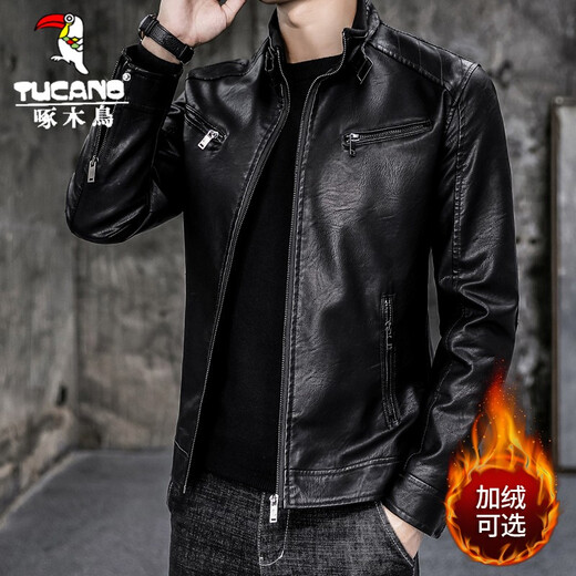 Woodpecker leather jacket men's jacket spring and autumn jacket men imitation leather PU leather motorcycle men business casual trend leather jacket men 609A black L [110-130Jin [Jin equals 0.5 kg]]