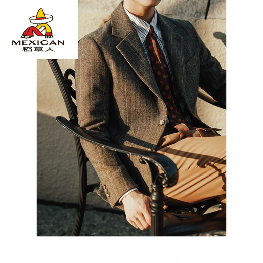 Scarecrow Casual Wollanzug Herren großer Retro-Fischknochenmuster Fischgröße Wollmantel Schlanker langärmeliger Gentleman-Anzug brauner Plaid 4xl (220jin [Jin entspricht ca. 0,5 kg])