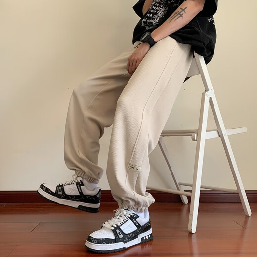 举风裤子男高街抽绳ins春秋国潮美式贴标束脚阔腿裤潮流休闲裤男宽松 K1049黑色 2XL【150-170斤】可穿