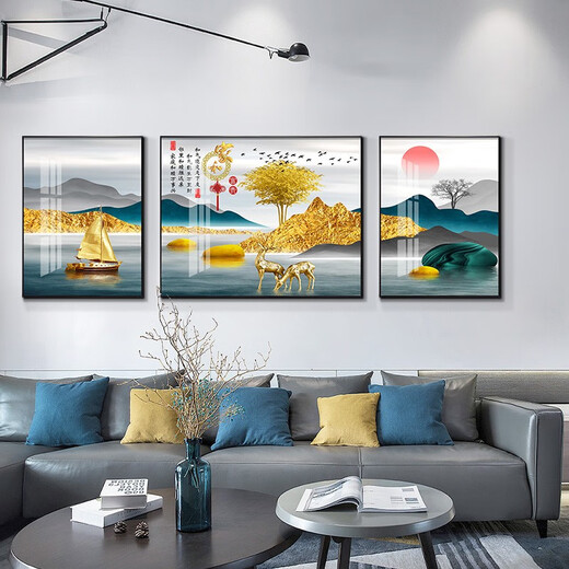 Tongdi Nouveau salon chinois Décoration peinture canapé fond mur moderne moderne simple villa hall paysage peinture triple peinture suspendue 10 jiahe fugui-12124 Middle 80 * 60 40 * 60 cadres noirs des deux côtés (peinture en porcelaine cristalline)