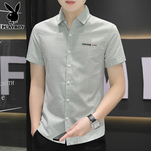 花花公子（PLAYBOY）男士短袖衬衫夏季新款休闲上衣服潮流帅气百搭免烫衬衣男 846卡其 3XL
