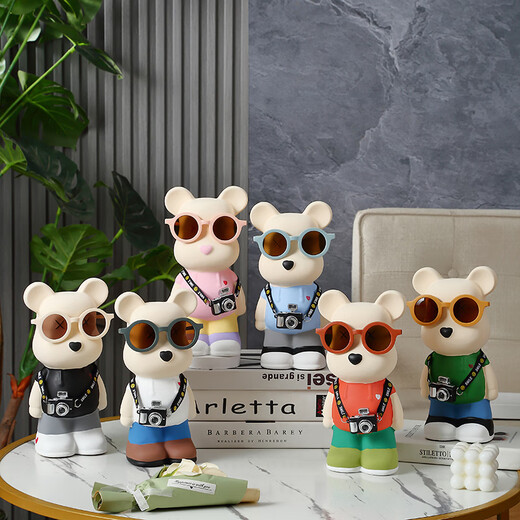 Internet celebrity violent bear cartoon TV wine cabinet living room decoration light luxury high-end ceramic children's piggy bank birthday gift 28cm pink spectacled bear + camera piggy bank