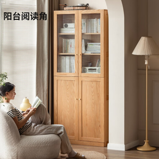 Genji Muyu solid wood bookcase study room simple bookshelf storage cabinet integrated household oak glass door floor-to-ceiling cabinet four-door bookcase (85*32*200cm) (new partition)