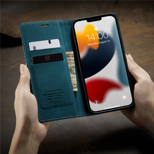ROMSION 苹果13promax翻盖保护壳皮套iphone13pro手机壳商务hpone13钱包 苹果13Pro【宝蓝色配膜】