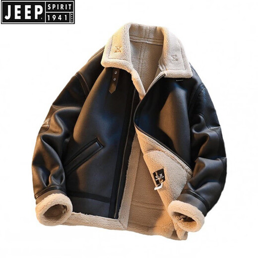 JEEP SPIRIT fur all-in-one jacket men's winter plus velvet thickened suede leather jacket lamb fur coat lamb wool cotton jacket brown XL