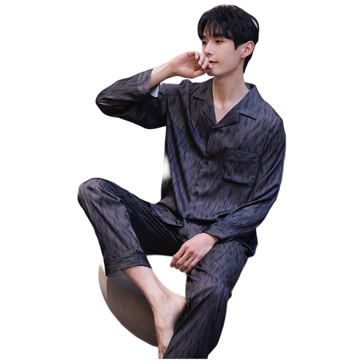 
Shemia ice silk pajamas men's long-sleeved spring, summer and autumn thin imitation silk Korean version of men's casual home clothing suit for outside wear NSXER-6627 Meteor XL