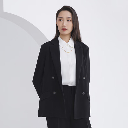 雅戈尔（YOUNGOR）套西上衣女673款双排一粒扣宽松版西服垂感挺括新品商场同款 黑色 XL 175/96A