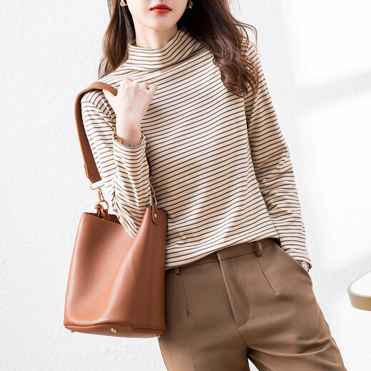 Demana (dme) super elastic striped half turtleneck comfortable striped bottoming shirt for women with top and bottoming shirt for women, light yellow L