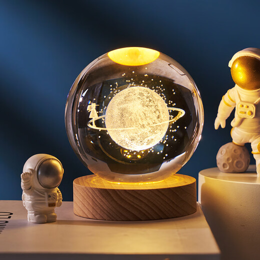 Yunya Starry Sky Astronaut 3D Internally Carved White Crystal Ball Luminous Base Night Light Creative Glass Ball Ornaments for Boys and Girls Solar System 6cm + Warm Light Base Color Box