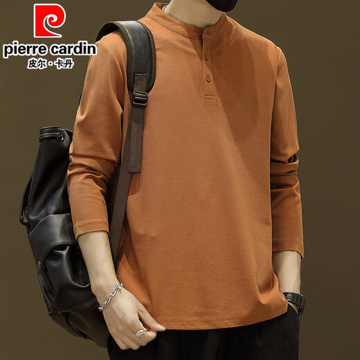 Pierre Cardin Casual Stand Collar Long Sleeve T-Shirt Men's Spring Thin Tops Plus Velvet Casual Henley Collar Polo Bottoming Shirt 56119 Brown Style Regular 2XL About 140-155Jin Jin is equal to 0.5 kg